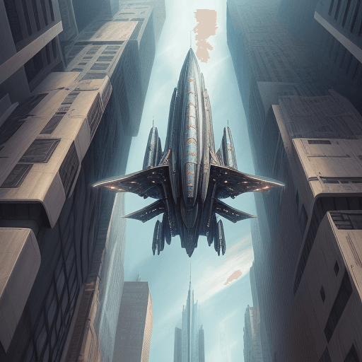 AI generated: a flying spaceship in the sky of huge metropolis maneuvering in the most narrow buildings corridor
