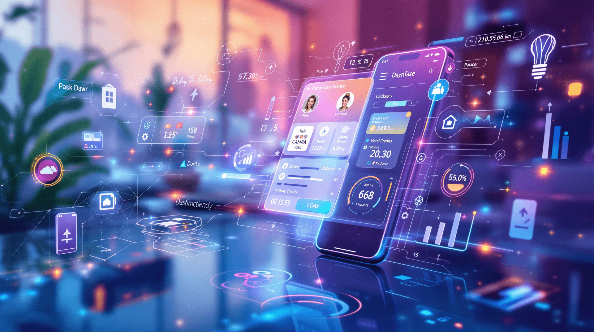 AI generated: Create an image for Smart Technology: Futuristic interfaces (e.g., a digital hotel guest app with an...