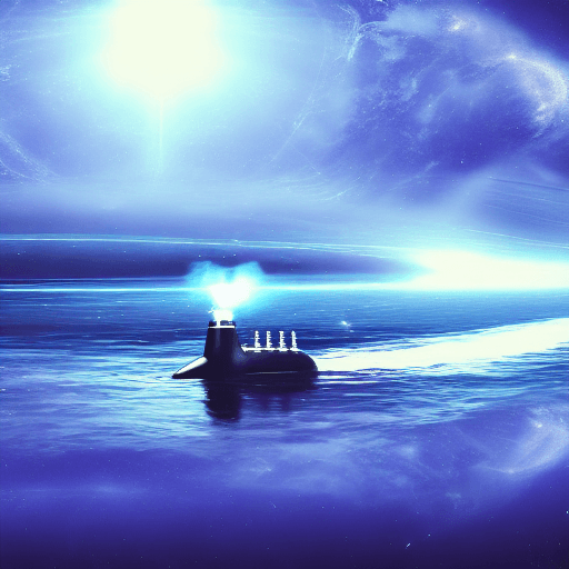 AI generated: Submarine sailing in universe, illustration, dark theme, blue sun, 16k, UHD, HDR, best quality, blue...