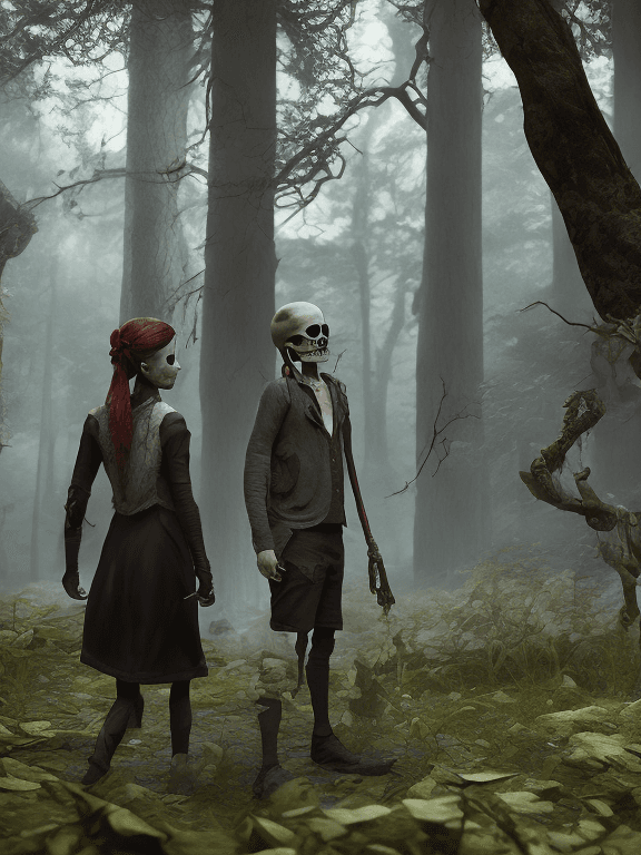 AI generated: Hansel and Gretel, guy and lady in a dark forest, skull and bones, macabre, horror, haunting, hyperr...