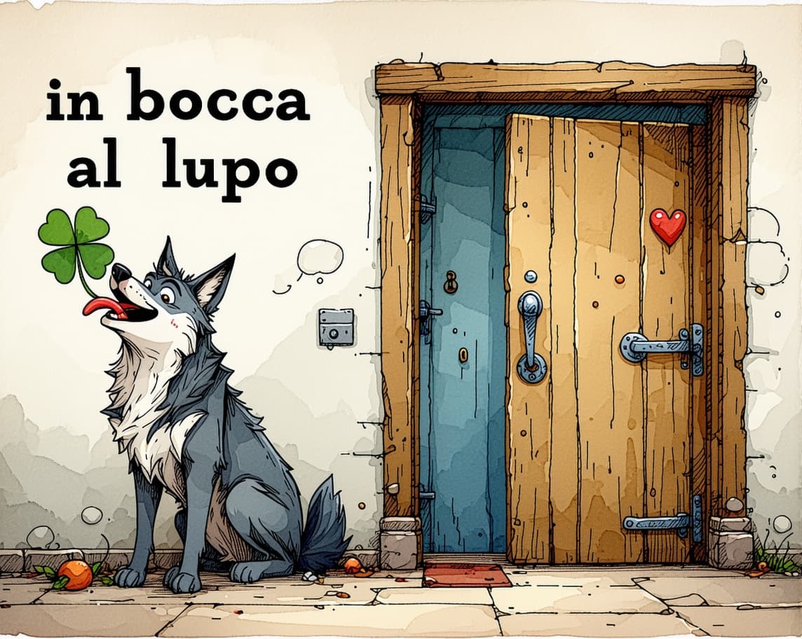 AI generated: I'd like a funny, ironic illustration based on the Italian phrase in highlight "in bocca al lupo," w...