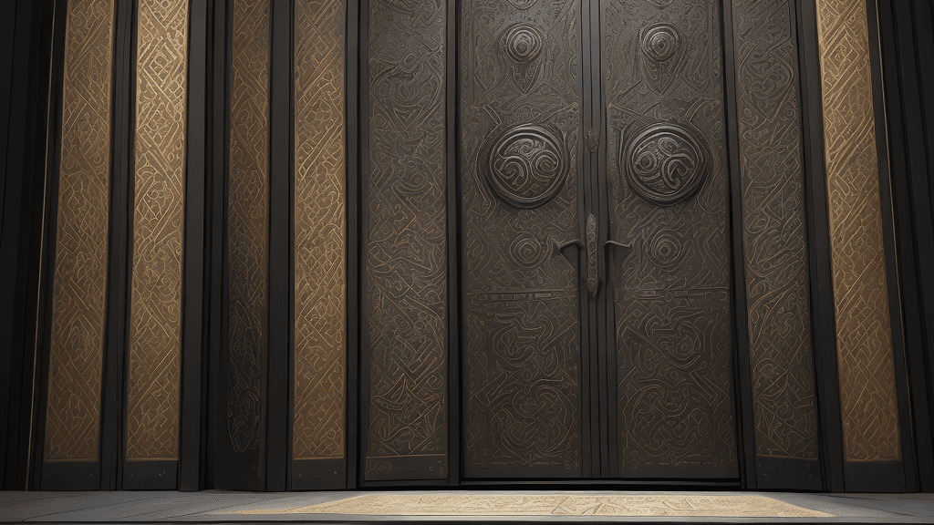 AI generated: The massive door stands before the shielded wariors, towering in front of them like a colossal barri...