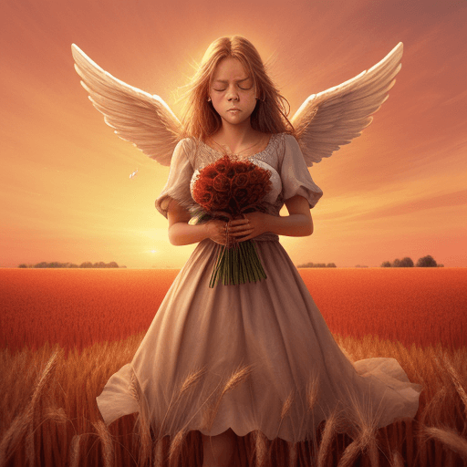 AI generated: angel with tears holding roses, in a wheat field, the red sky, ultra realistic