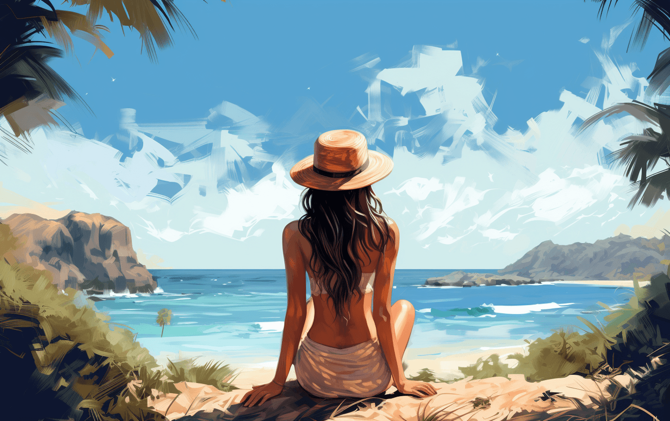 AI generated: Hd cgi vector animation girls girl sitting on the beach stock photo, cgi vector illustration, cartoo...
