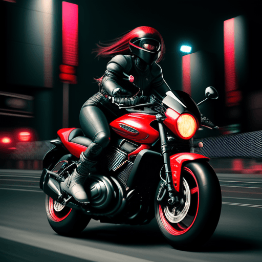AI generated: woman riding a motorcycle in a high speed chase, cyber punk, colorful lights on motorcycle, wearing ...