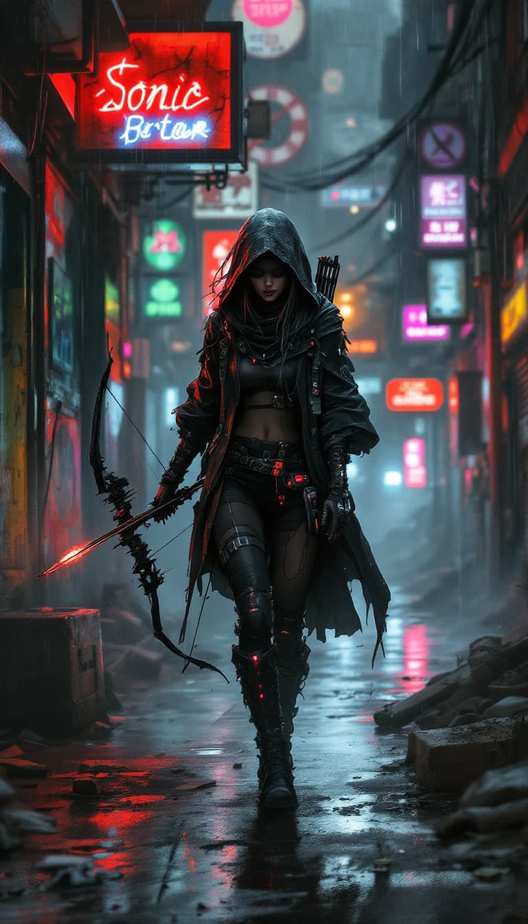 AI generated: Conceptual design: Cyberpunk Huntress with a Sonic Longbow. This evocative graffiti-punk digital wat...
