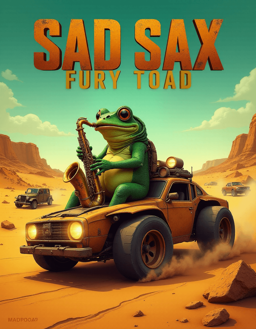 AI generated: A digital illustration of a movie poster titled [âSad Sax: Fury Toadâ], [Mad Max] parody poster,...