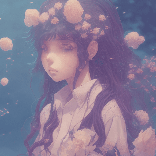 AI generated: Adult girl, piggy nose, on her knees, open mouth, long curly hair, half-turned, sad face, black hair...