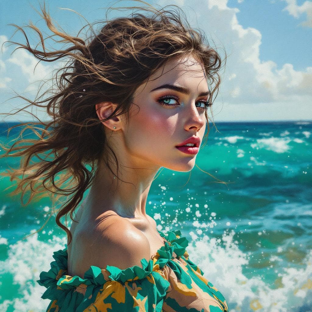 AI generated: portrait of a woman, in the style of Greg Hildebrandt, feminine body, coastal landscapes, spray pain...