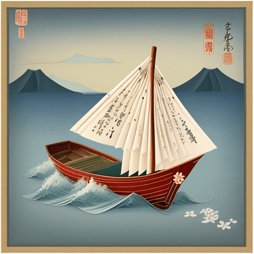 AI generated:  japanese fisher boat as Origami, paper quilting, background coast painted on rice-paper in classic ...