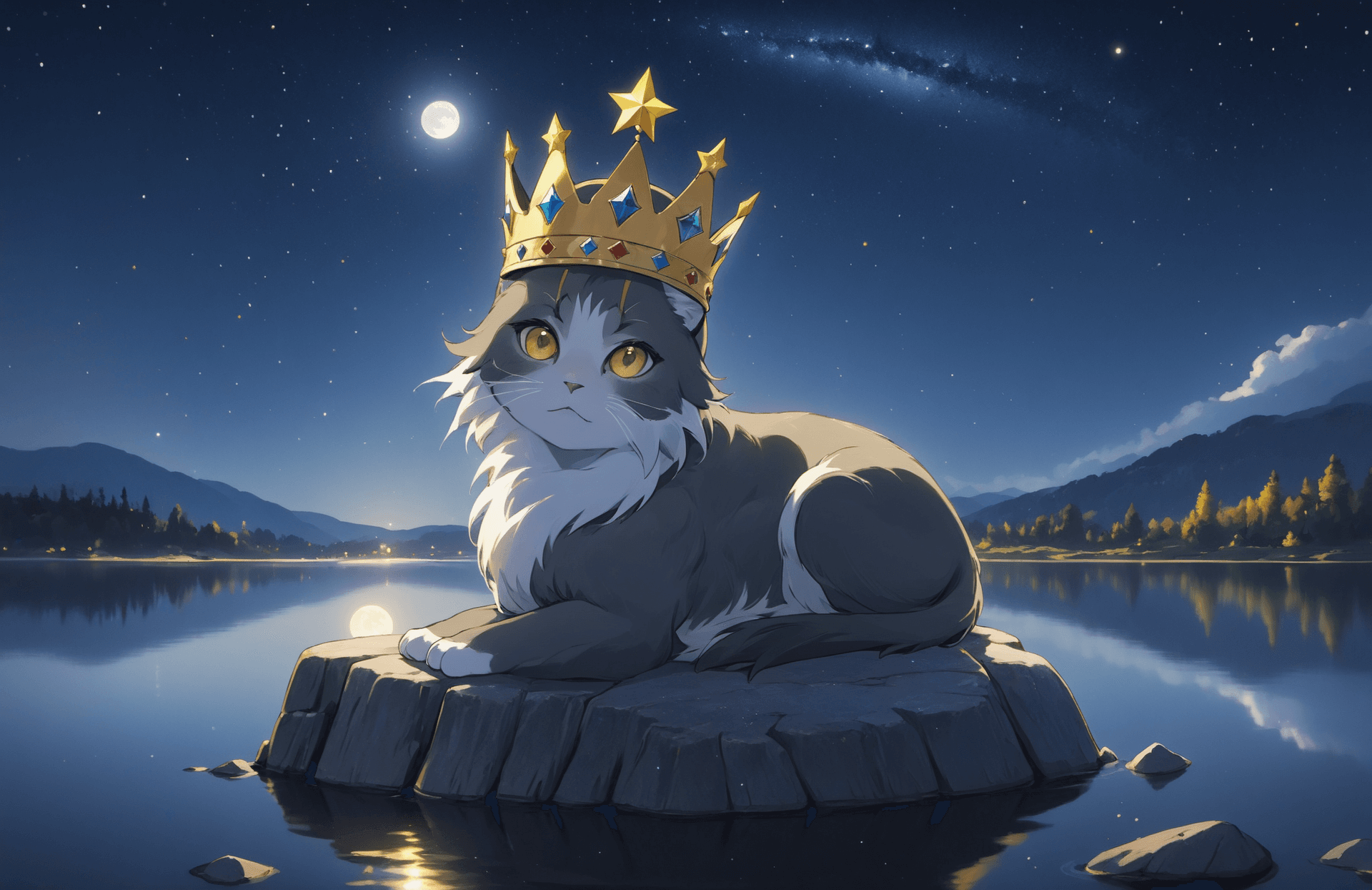 AI generated: ('young 1cat':1.2) with 'dark grey fur with white streaks', (symmetric face: 1.1), wise round golden...