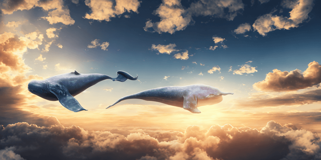 AI generated: High resolution photography interior design, dreamy cloud sky, blue whale flying in clouds, the sun ...