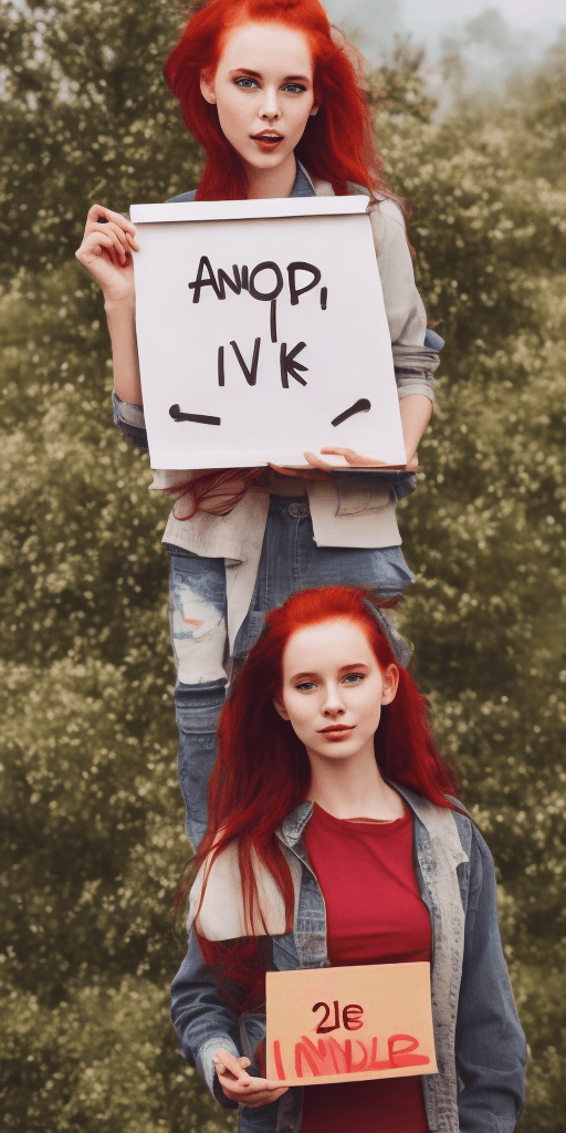 AI generated: Cute girl with red hair, holding a board, with letter thanks for 20k likes