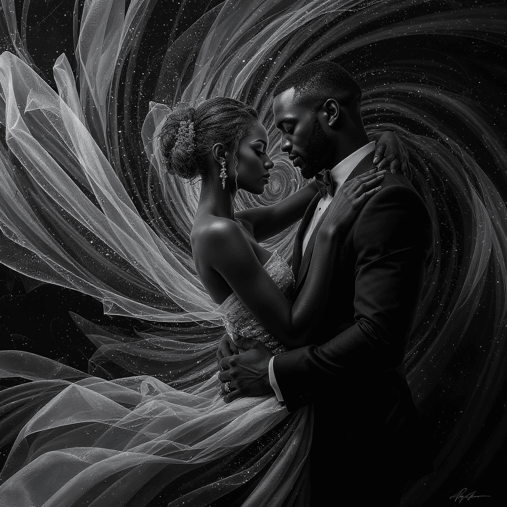 AI generated: A striking black-and-white image of a black couple embracing, with their bodies in elegant poses. Th...