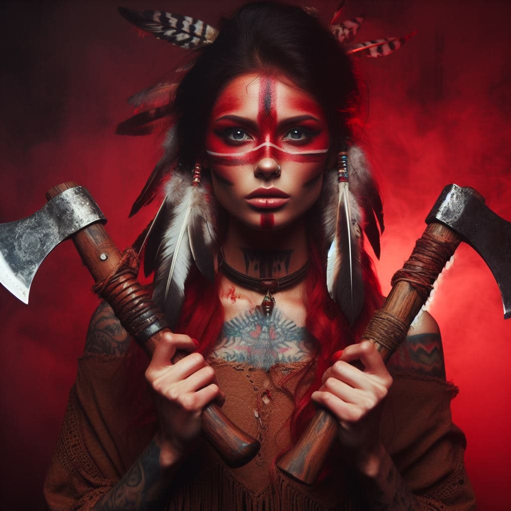 AI generated: Native American woman holding two tomahawks having red painted face in a battle pose