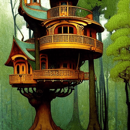 AI generated: art nouveau treehouse by jean-leon gerome :: art nouveau treehouse by james paick ::2 art nouveau tr...