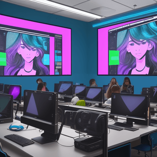 AI generated: Create Image: A group of diverse high school students use technology in a modern, futuristic classro...