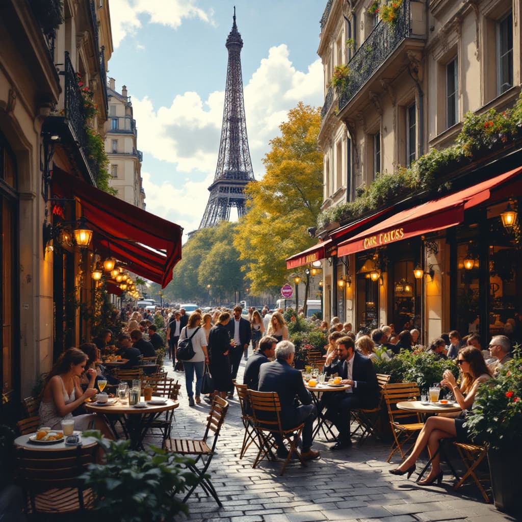 AI generated: cafe in the middle of Parisian streets with the eiffel tower in the background and people enjoying l...