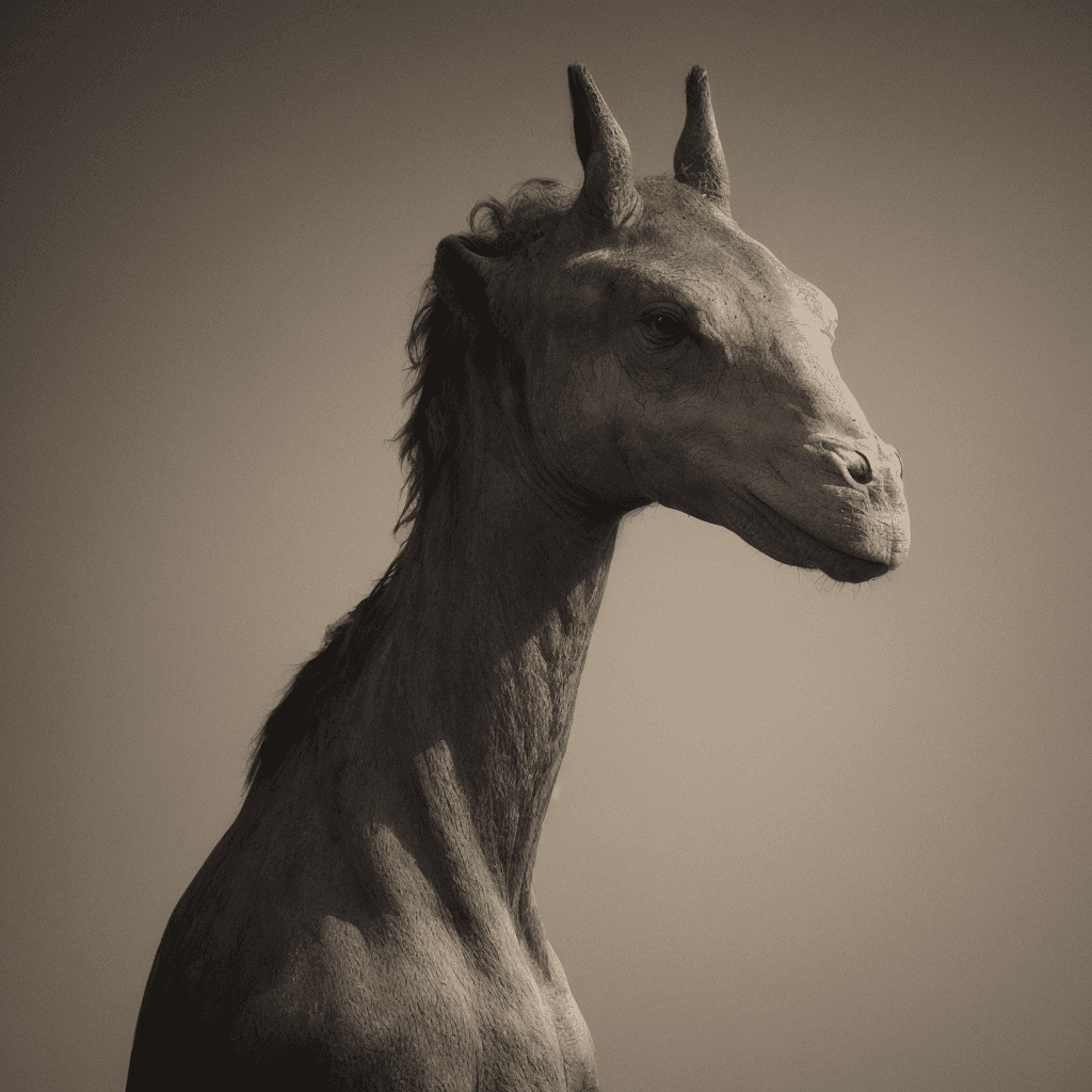 AI generated: giraffe spots, Zebra stripes, Duck head, Horse legs, Cat tail, Rhino Horn, Humanoid bipedal being. u...