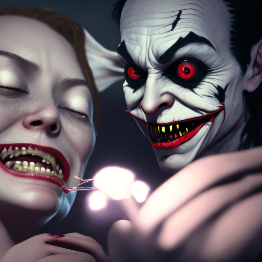 AI generated: Creepy demon with large eyes and joker smile sewing a beautiful girl's eyes shut while she tries to ...