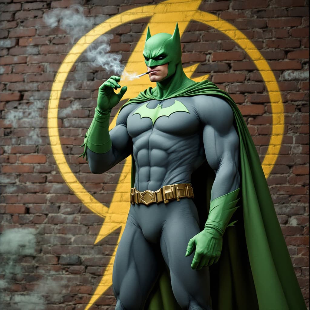 AI generated: A lanky tall guy, in grey superhero tights suit, with green gloves and boots and green under wear an...