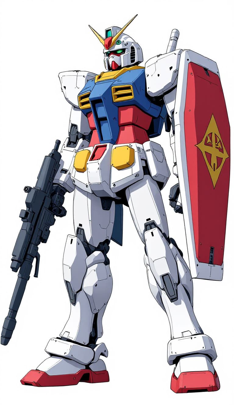 AI generated: illustration of RX-78-2 Gundam, with shield and weapon, in the style of Kunio Okawara, anime, Mobile...