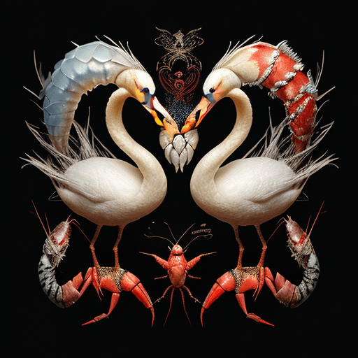 AI generated: swan, pike and crayfish, very bright colors, on a black background, superfantastic, fascinating, mys...