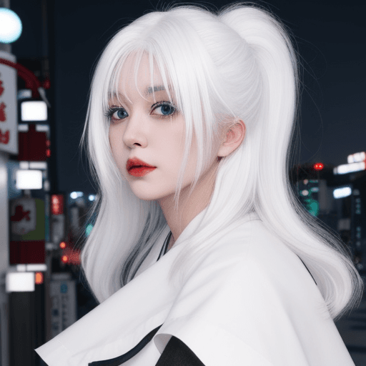 AI generated: white hair girl, night, tokyo