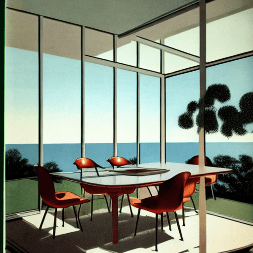 AI generated: Hyper realistic eye level exterior photo of a mid century modern style house overlooking the ocean, ...