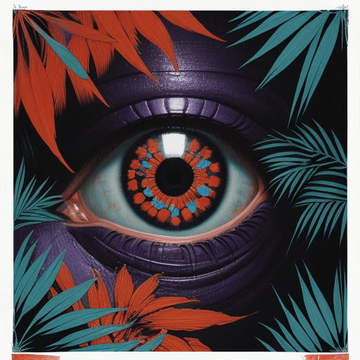 AI generated: a  painting of an eye with purple and orange flowers, in the style of james jean, mysterious jungle,...