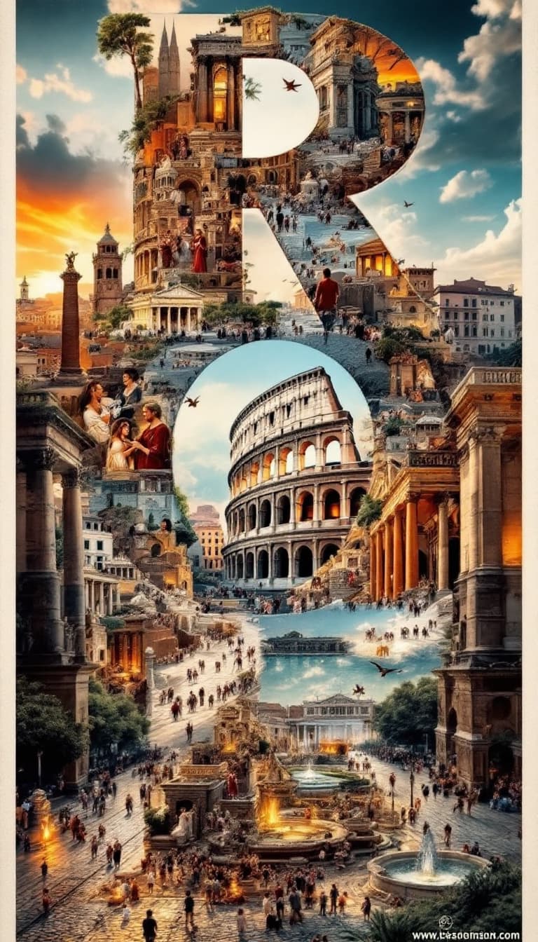 AI generated: A striking, high-contrast cinematic photo-style vertical collage that captures the essence of Rome. ...