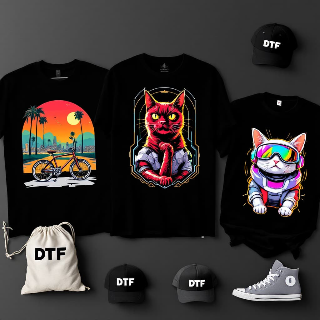 AI generated: Vibrant collection of apparel and accessories, featuring three graphic t-shirts on a black backgroun...
