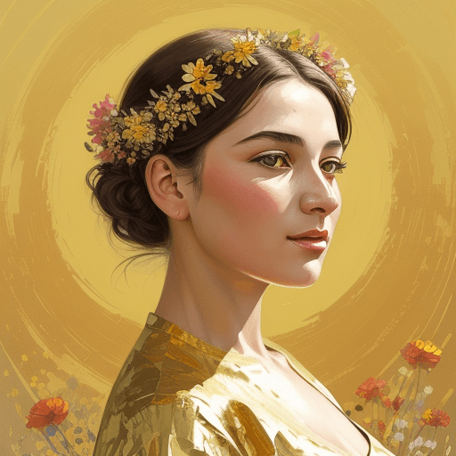 AI generated: commercial illustration of a woman dressed in gold with flowers in her hair, in the style of artgerm...