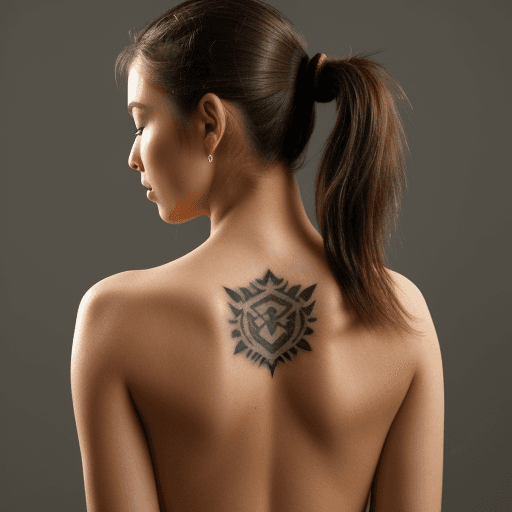 AI generated: Woman with bare back turned slightly away, hair in loose ponytail, looking over shoulder with soft e...