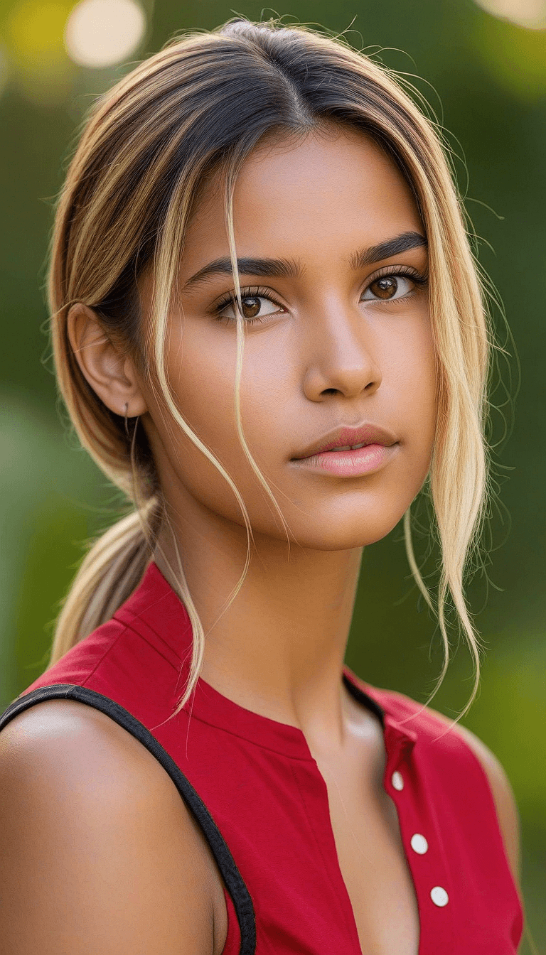 AI generated: A waist-up portrait of a young beautiful of mixed-races girl,, soft natural skin, medium bob hairsty...