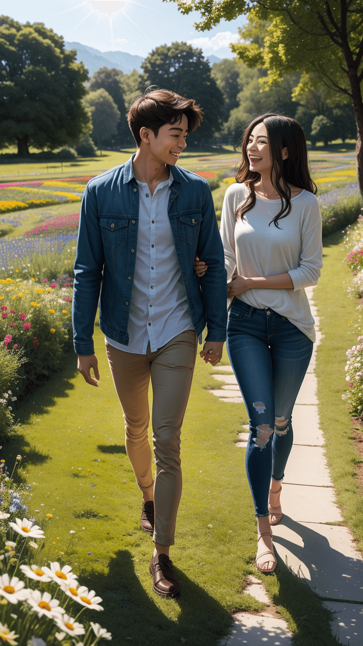 AI generated: A vibrant meadow with blooming flowers, a young couple walking hand in hand, laughing under the soft...