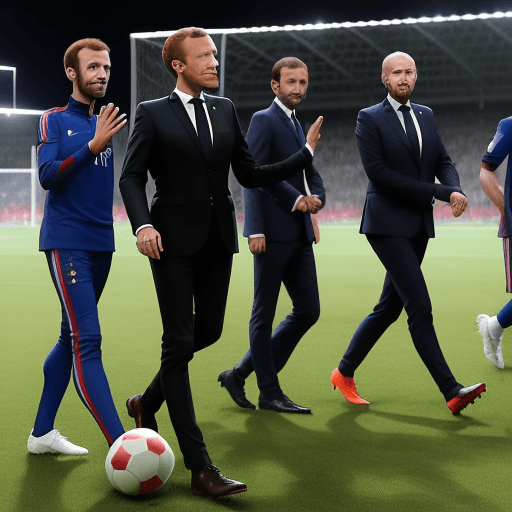 AI generated: French president emmanuel macron with french national team playing football