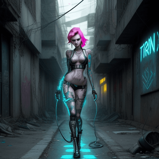 AI generated: Sexy punk in a dirty Ghetto street,,ruins,tron, bioimplants,cable come out of her body