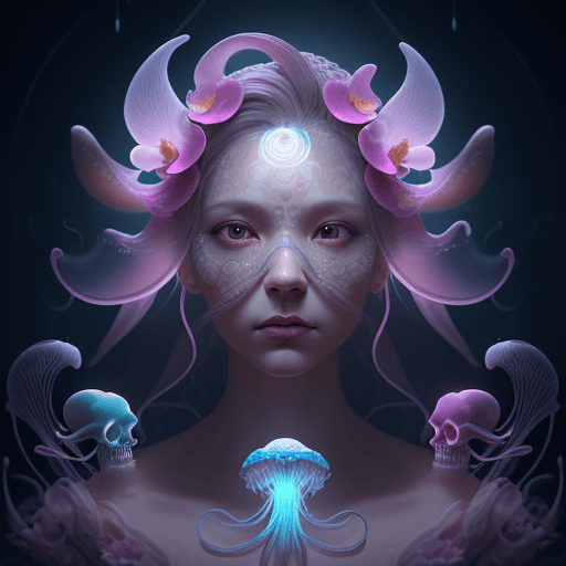 AI generated: Goddess close-up portrait ribcagel. jellyfish phoenix head, nautilus, orchid, skull, betta fish, bio...
