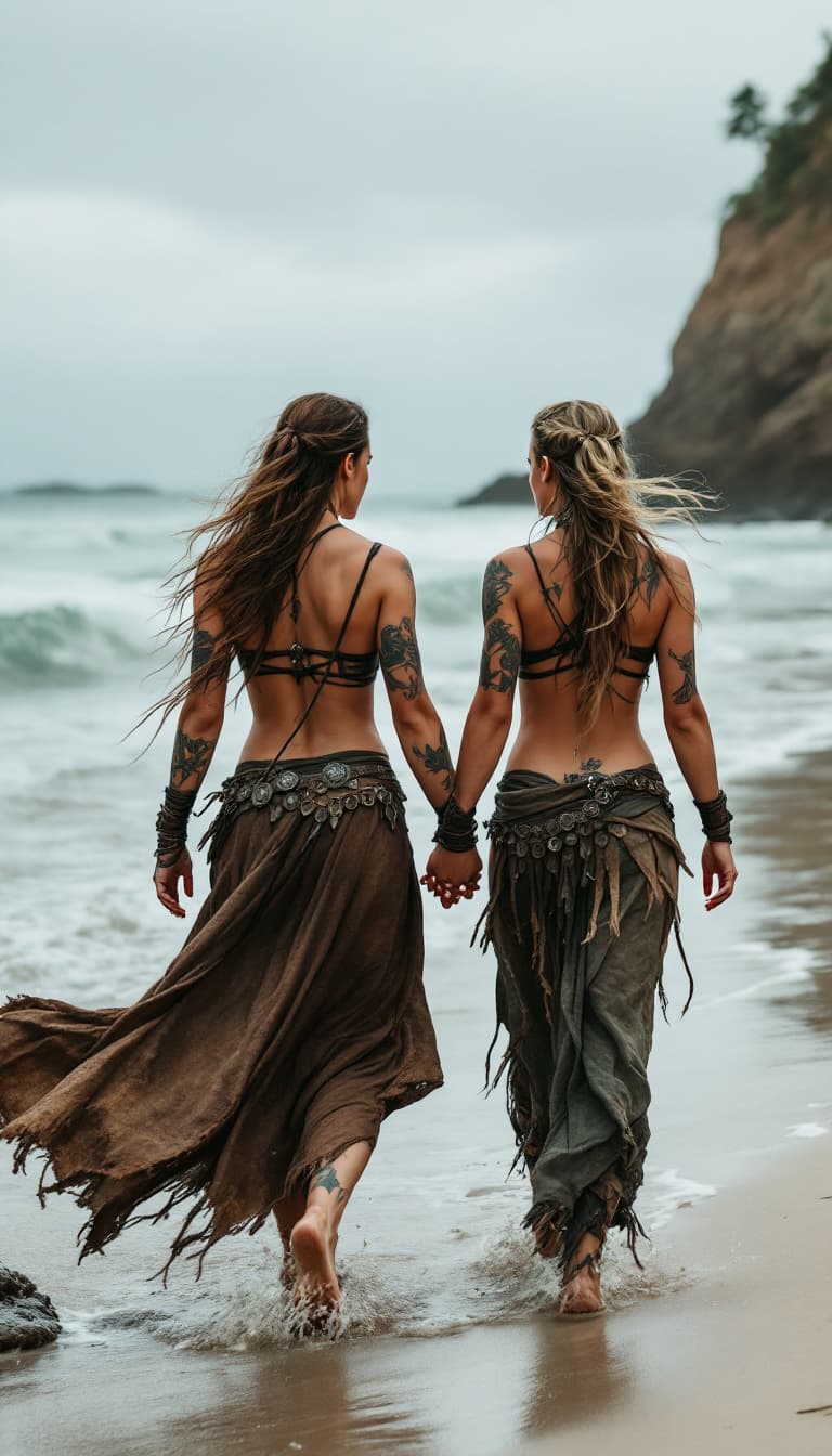 AI generated: 2 viking warrior women with tattoos holding hands and walking on the beach