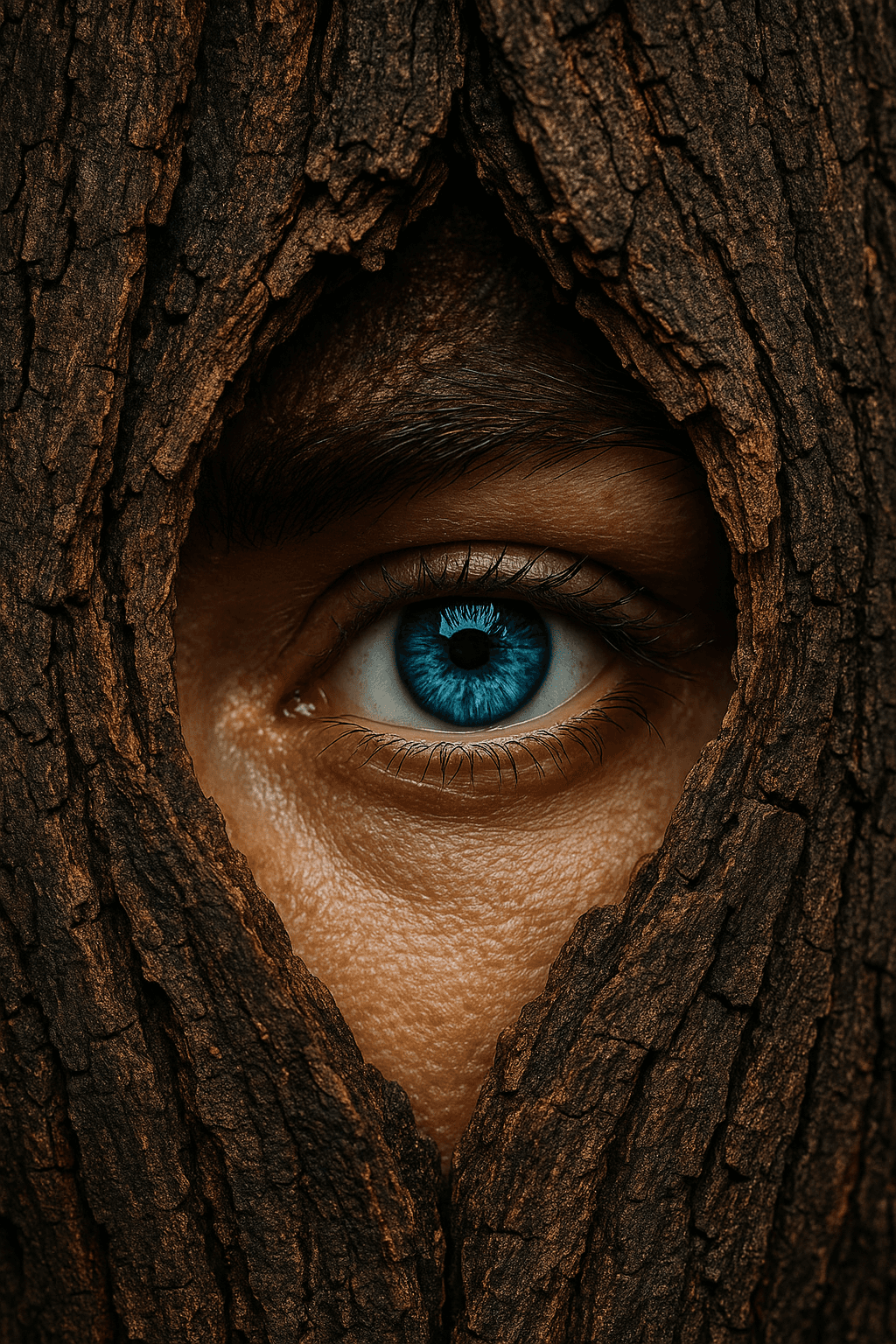AI generated:  "subject": "extreme close-up of a vivid blue human eye peeking through cracked wooden surface",
  ...