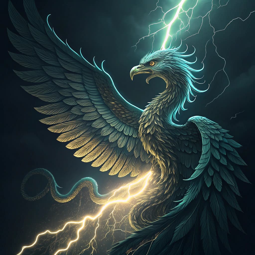 AI generated: Quetzalcoatl with it's wings made of lightning.