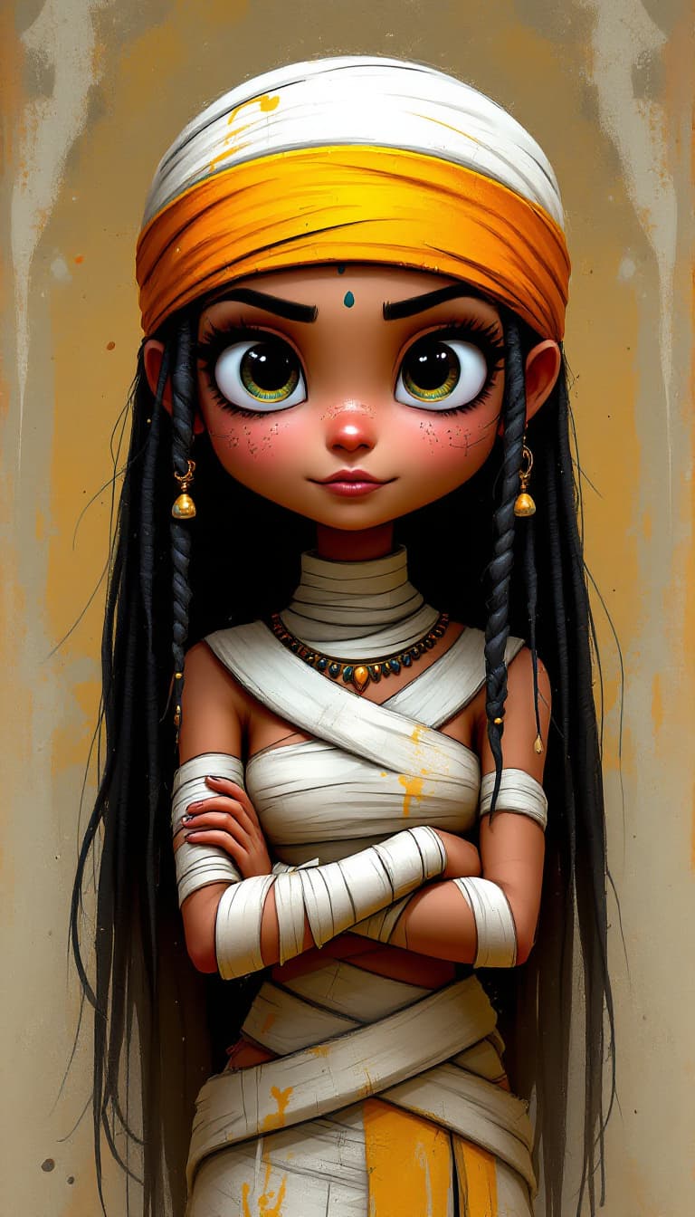 AI generated: A cartoon-style character design of an Egyptian mummy girl, with her arms crossed and wearing tradit...