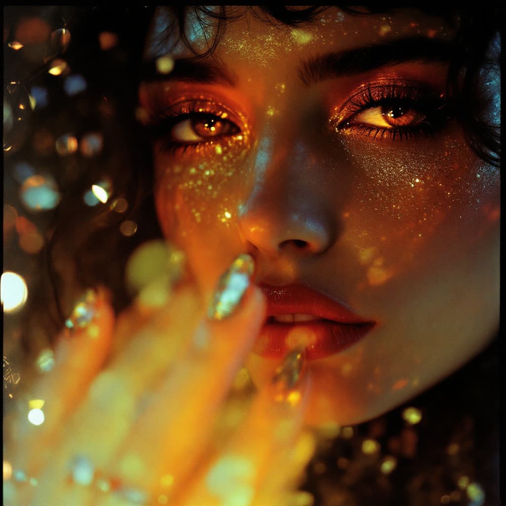 AI generated: Contrast her big orange goldredheart love light in the stoner-topaz night, the glow softly reflectin...