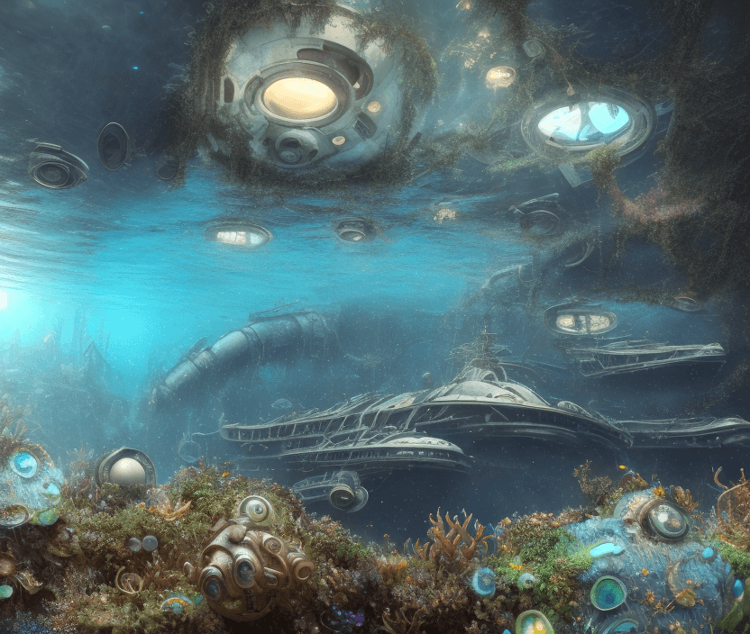 AI generated: High resolution photography, dreamy; POV, underwater, 3d game, realistic graphics, underwater explor...
