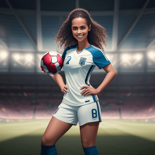 AI generated: professional sports athletic woman dressed as soccer player, soccer ball, smiling, football pitch in...