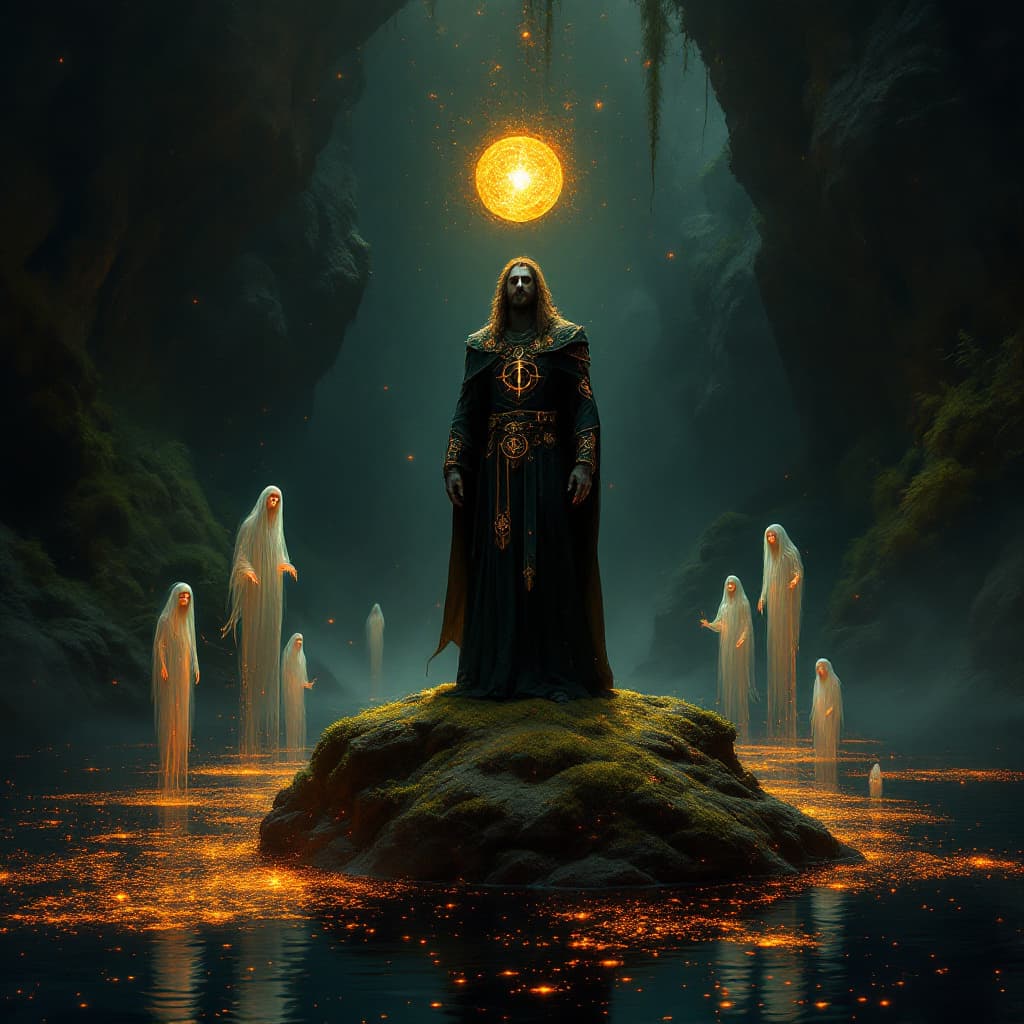 AI generated: man standing on a mossy rock in the center of a dark, luminescent lake within an abandoned mine. He ...