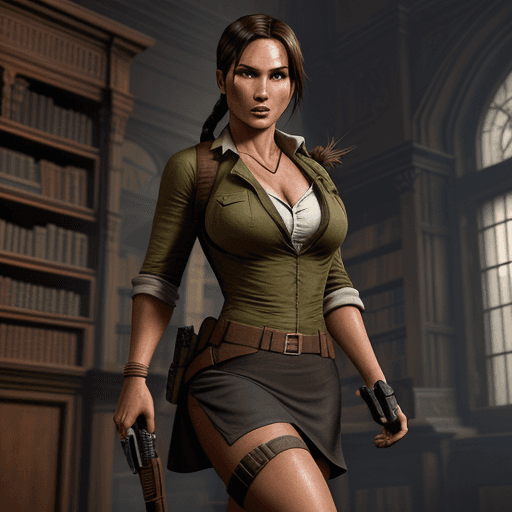 AI generated: Lara Croft Tomb Raider in a skirt suit, castle library,  1900's London Fashion 