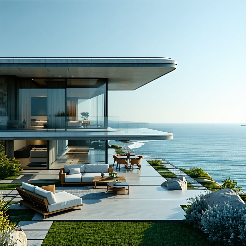 AI generated: Hyper realistic eye level exterior photo of a mid century modern style house overlooking the ocean, ...