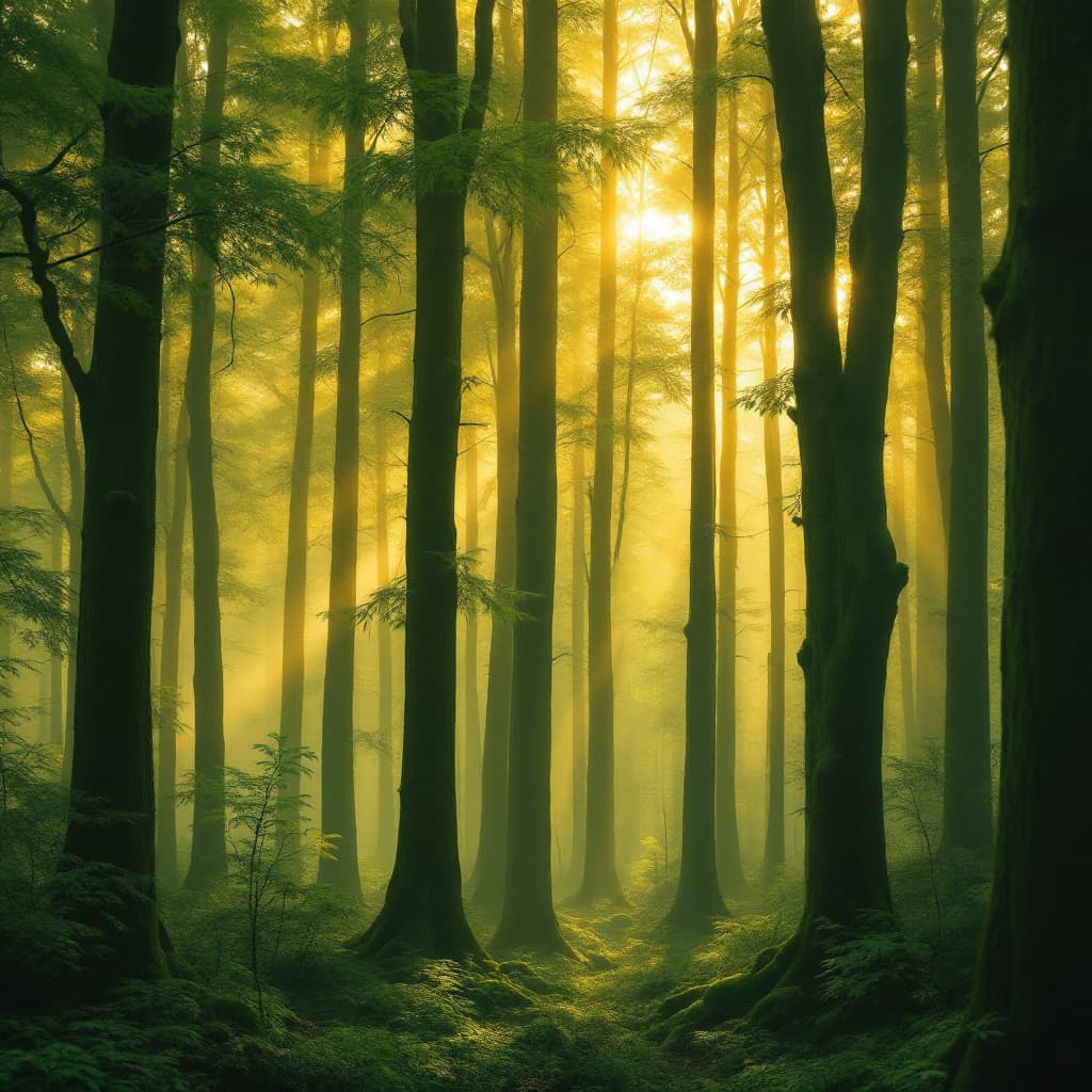 AI generated: A dense mystical hinoki cypress forest with tall, straight trees bathed in a golden yellowish tone. ...